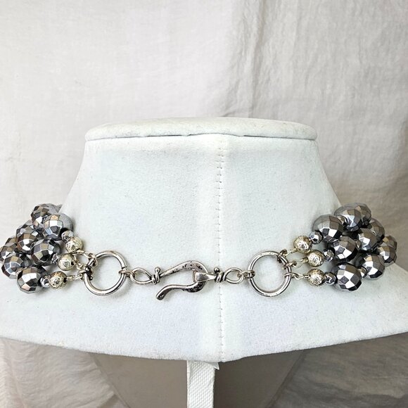 Faceted Silver Hematite Sterling Silver Multi Strand Bib Necklace, 17” - Picture 2 of 10